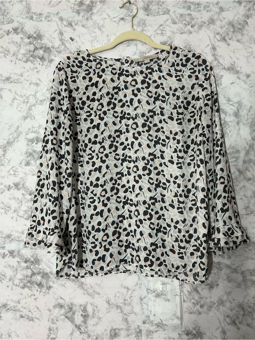 LOFT Beige and Black Leopard-Print Long-Sleeve Blouse